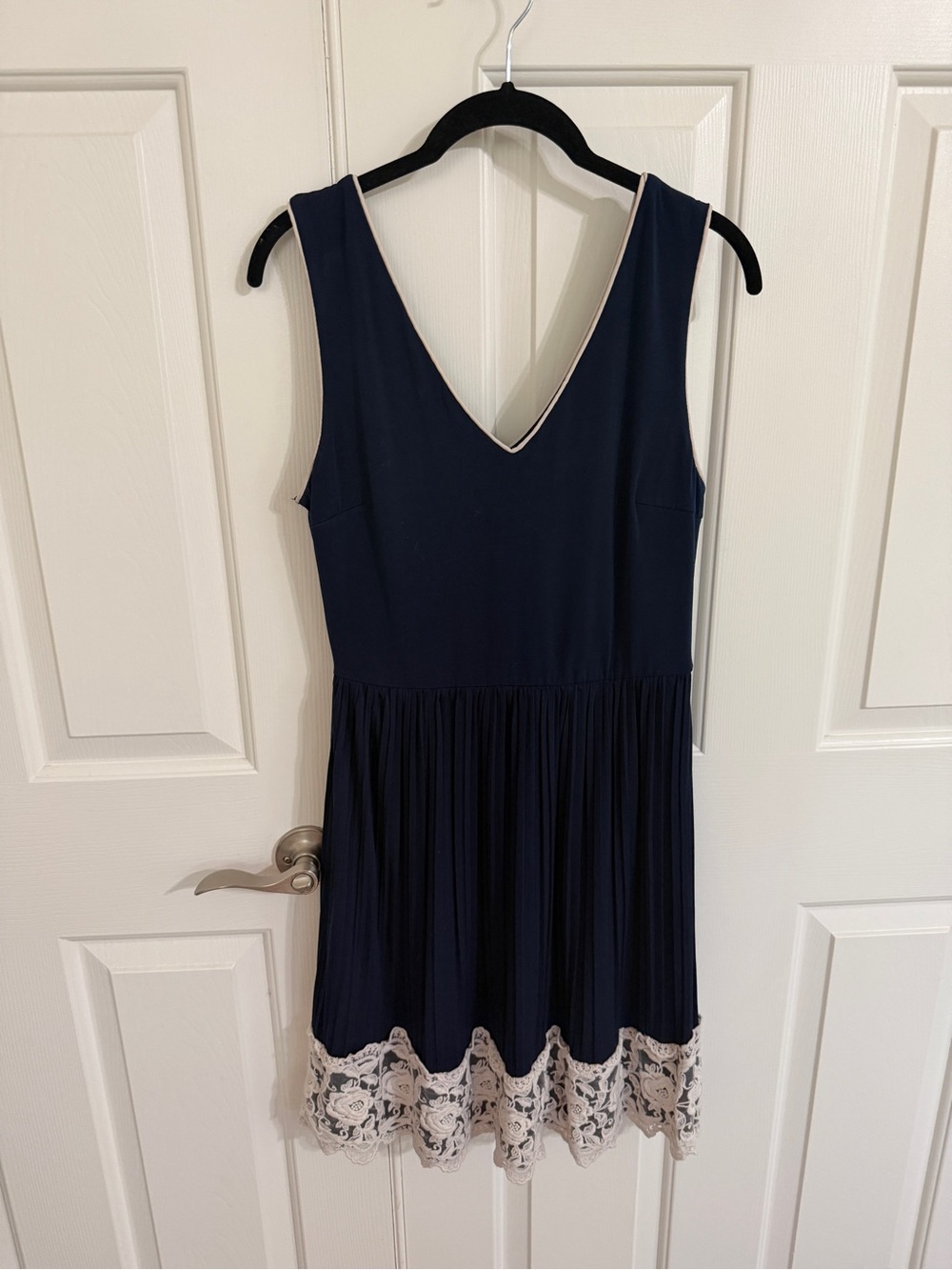 Yellow Star L Navy Pleated Lace Hem Midi Dress ModCloth Romantic Vintage Style